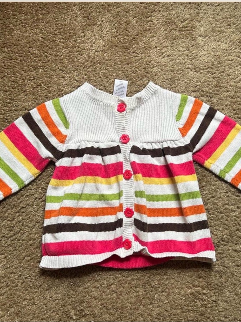 Gymboree White Cardigan with Pink, Orange, Yellow, Green & Brown Stripes